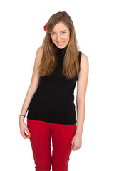 Fototapeta premium Beautiful woman doing different expressions in different sets of clothes: love