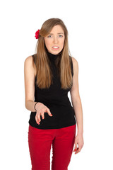 Beautiful woman doing different expressions in different sets of clothes: worried