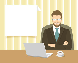 Modern flat stylized vector illustration of smiling young attractive friendly looking businessman sitting at the office desk with a laptop and a cup of coffee on it. Business information dialog box