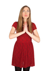 Beautiful woman doing different expressions in different sets of clothes: prayer