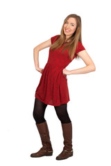 Beautiful woman doing different expressions in different sets of clothes: full length hands on hips