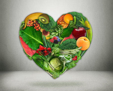 a heart shaped like a heart made of fruits and vegetables - Healthy diet choice and heart health con