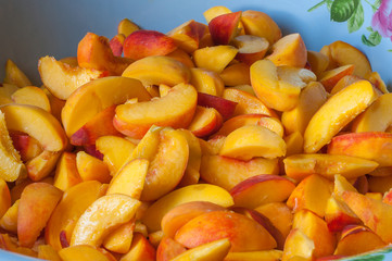 Ripe peach  fruit slice with juice. Cooking jam or marmalade