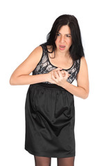 Beautiful woman doing different expressions in different sets of clothes: heart attack