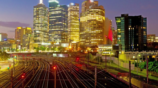Timelapse video of Melbourne railway at night, zooming in