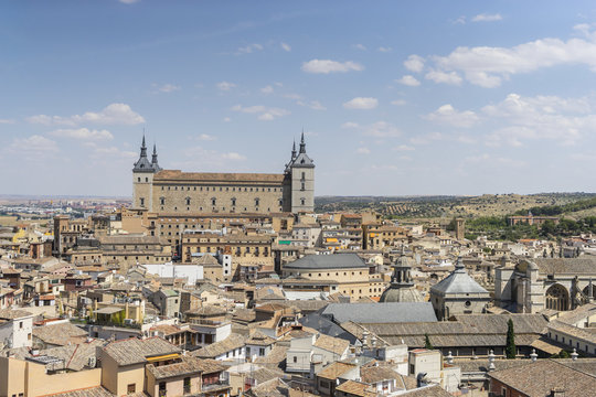 Panoramic, Toledo Alcazar views from a bell tower, fortress of t