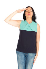 Beautiful woman doing different expressions in different sets of clothes: at attention