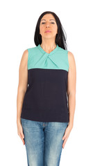 Obraz premium Beautiful woman doing different expressions in different sets of clothes: at attention