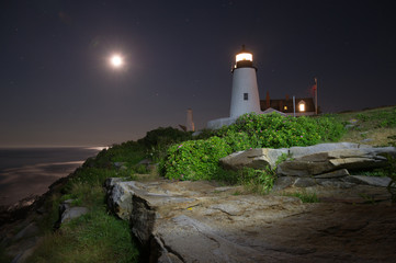 Pemaquid Point Lighthouse at night in Maine, USA.