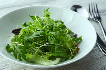 Fresh mixed green salad in bowl close up