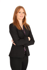 Obraz premium Beautiful businesswoman doing different expressions in different sets of clothes: arms crossed