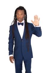 Handsome man with dreadlocks doing different expressions in different sets of clothes: waving