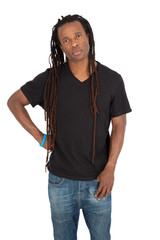 Handsome man with dreadlocks doing different expressions in different sets of clothes: worried