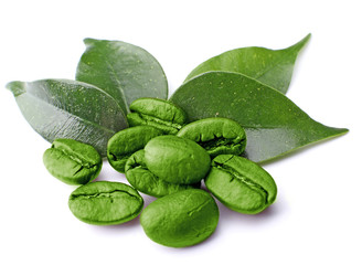 Coffee beans with leaves isolated on white