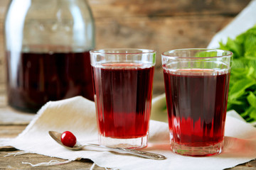 Sweet homemade cherry juice on table, on wooden background
