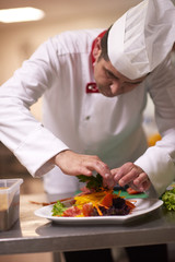 Obraz na płótnie Canvas chef in hotel kitchen preparing and decorating food