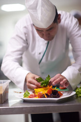 chef in hotel kitchen preparing and decorating food