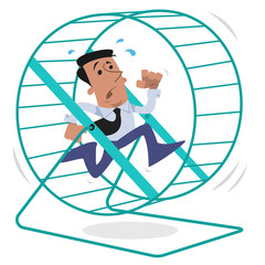 Corporate character running on a hamster wheel