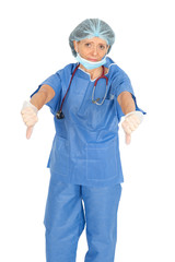 Beautiful doctor doing different expressions in different sets of clothes: thumbs down