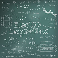 Electromanetism electric magnetic law theory and physics mathematical formula equation, doodle handwriting icon in blackboard background with handdrawn model, create by vector 