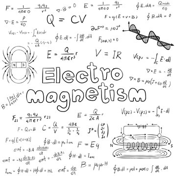 Electromanetism electric magnetic law theory and physics mathematical formula equation, doodle handwriting icon in white isolated background paper with hand drawn model, create by vector 