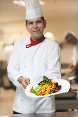 chef in hotel kitchen preparing and decorating food