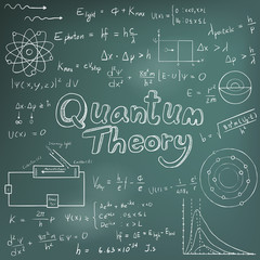 Quantum theory law and physics mathematical formula equation, doodle handwriting icon in blackboard background with hand drawn model, create by vector 