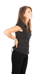 Fototapeta premium Beautiful woman doing different expressions in different sets of clothes: backache