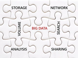 Big data and related words on jigsaw puzzle background,