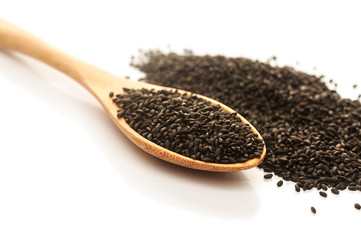 Heap of black Sesame in wooden spoon