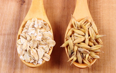Organic oat grains and oatmeal on wooden spoon, healthy nutrition