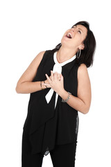 Beautiful woman doing different expressions in different sets of clothes: heart attack