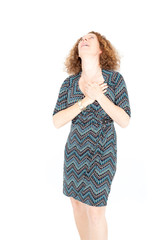 Beautiful woman doing different expressions in different sets of clothes: heart attack