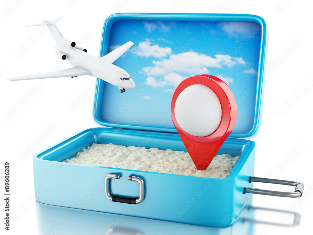 Poster 3d airplane and map pointer in a travel suitcase.