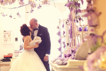 Bride and groom embracing