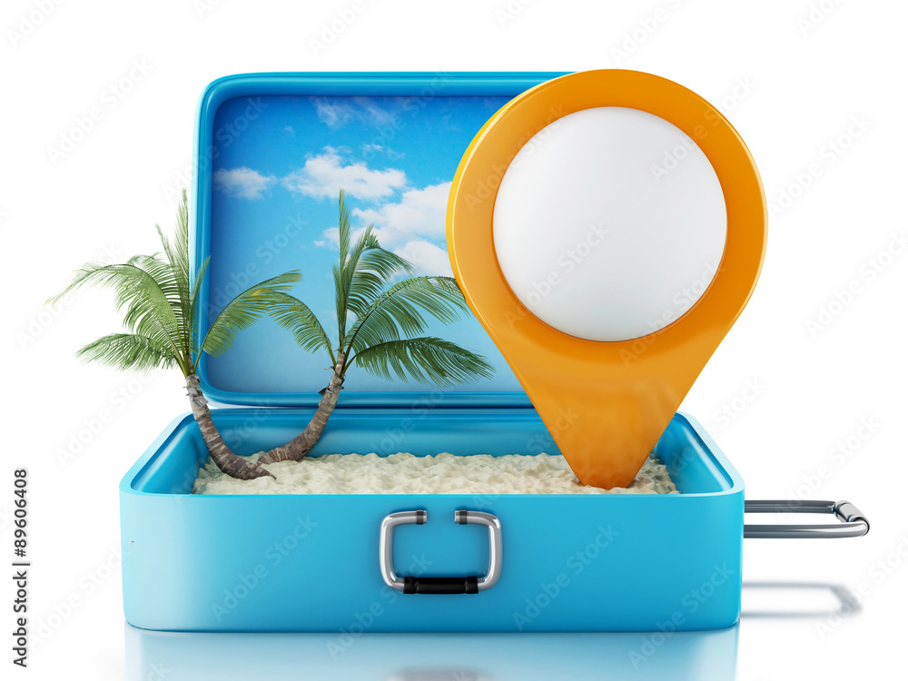 Poster 3d map pointer in a travel suitcase.
