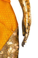 Close up hand and waist of gold Buddha stature.