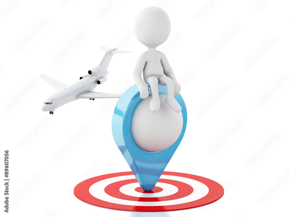 Poster 3d white people tourist with map pointer in red target.