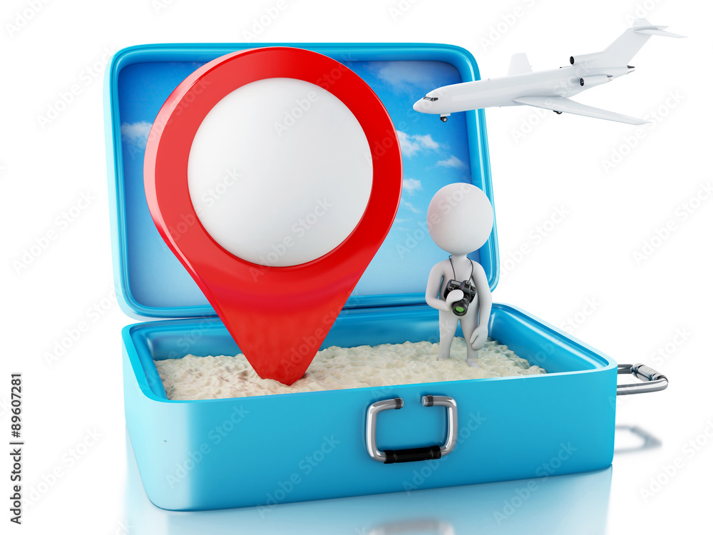Poster 3d white people with map pointer in a travel suitcase