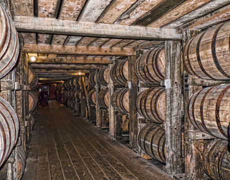 Barrels maturing Bourbon in Distillery in Bardstown Kentucky USA
