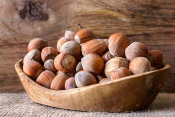 hazelnut in basket on jute