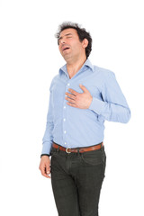 Handsome arabic man doing different expressions in different sets of clothes: heart attack