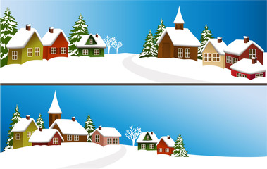 Christmas holiday banners with cartoon houses
