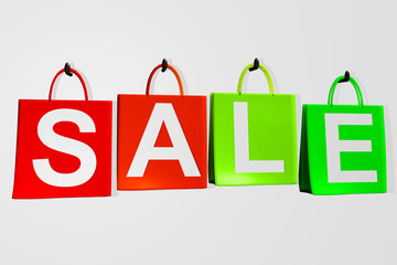 Four shopping bags with the word SALE Hanging on the wall