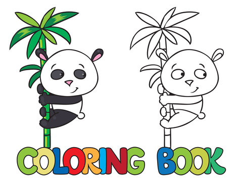Coloring book of little panda on bamboo