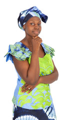 Beautiful black woman doing different expressions in different sets of clothes: thinking