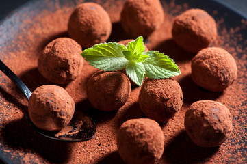 Chocolate truffles handmade close-up, horizontal