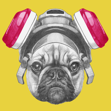 Portrait of French Bulldog with gas mask. Hand drawn illustration.