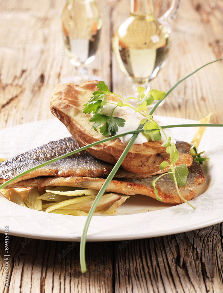 Sticker Pan fried trout and baked potato