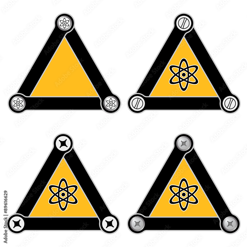 Poster set of four flat simple triangles with screws and science symbol